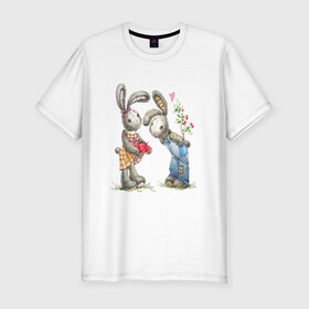Мужская футболка премиум с принтом Любовь в Екатеринбурге, 92% хлопок, 8% лайкра | приталенный силуэт, круглый вырез ворота, длина до линии бедра, короткий рукав | акварель | зайчиха | заяц | игрушка | кролики | мимими | плюшевый | рисунок | ягода