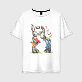 Женская футболка хлопок Oversize с принтом Любовь в Екатеринбурге, 100% хлопок | свободный крой, круглый ворот, спущенный рукав, длина до линии бедер
 | акварель | зайчиха | заяц | игрушка | кролики | мимими | плюшевый | рисунок | ягода