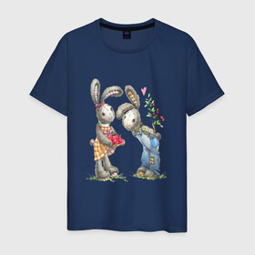 Мужская футболка хлопок с принтом Любовь в Екатеринбурге, 100% хлопок | прямой крой, круглый вырез горловины, длина до линии бедер, слегка спущенное плечо. | акварель | зайчиха | заяц | игрушка | кролики | мимими | плюшевый | рисунок | ягода