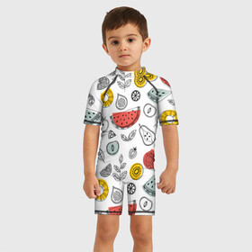 Детский купальный костюм 3D с принтом Летний микс в Екатеринбурге, Полиэстер 85%, Спандекс 15% | застежка на молнии на спине | ананас | апельсин | арбуз | груша | еда | клубника | лето | листья | минимализм | персик | раскраска | фрукты | ягоды