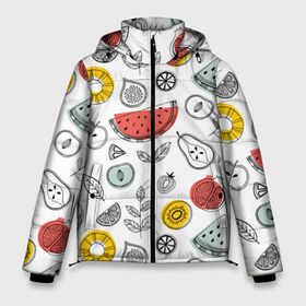 Мужская зимняя куртка 3D с принтом Летний микс в Екатеринбурге, верх — 100% полиэстер; подкладка — 100% полиэстер; утеплитель — 100% полиэстер | длина ниже бедра, свободный силуэт Оверсайз. Есть воротник-стойка, отстегивающийся капюшон и ветрозащитная планка. 

Боковые карманы с листочкой на кнопках и внутренний карман на молнии. | ананас | апельсин | арбуз | груша | еда | клубника | лето | листья | минимализм | персик | раскраска | фрукты | ягоды