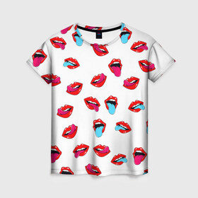 Женская футболка 3D с принтом Игривые губы в Екатеринбурге, 100% полиэфир ( синтетическое хлопкоподобное полотно) | прямой крой, круглый вырез горловины, длина до линии бедер | арт | губы | паттерн | поп | язык