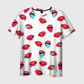 Мужская футболка 3D с принтом Игривые губы в Екатеринбурге, 100% полиэфир | прямой крой, круглый вырез горловины, длина до линии бедер | арт | губы | паттерн | поп | язык