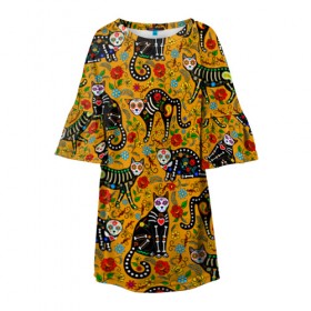 Детское платье 3D с принтом Диа де лос МУРэртос в Екатеринбурге, 100% полиэстер | прямой силуэт, чуть расширенный к низу. Круглая горловина, на рукавах — воланы | диа де лос муэртос | кошки | мексика | праздник | скелеты | цветы | черепа