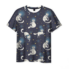 Мужская футболка 3D с принтом Космокотики в Екатеринбурге, 100% полиэфир | прямой крой, круглый вырез горловины, длина до линии бедер | Тематика изображения на принте: звёзды | космос | кот | котик | кошка | паттерн | скафандр