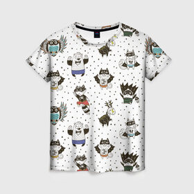 Женская футболка 3D с принтом Лесные супергерои в Екатеринбурге, 100% полиэфир ( синтетическое хлопкоподобное полотно) | прямой крой, круглый вырез горловины, длина до линии бедер | енот | лес | лис | лось | медведь | паттерн | сова