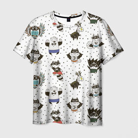 Мужская футболка 3D с принтом Лесные супергерои в Екатеринбурге, 100% полиэфир | прямой крой, круглый вырез горловины, длина до линии бедер | енот | лес | лис | лось | медведь | паттерн | сова