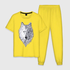 Мужская пижама хлопок с принтом Рисованный волк в Екатеринбурге, 100% хлопок | брюки и футболка прямого кроя, без карманов, на брюках мягкая резинка на поясе и по низу штанин
 | арт | волки | графика | животные | узор | хищники | черно белые