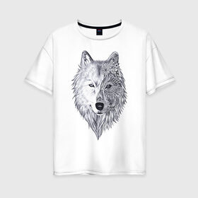 Женская футболка хлопок Oversize с принтом Рисованный волк в Екатеринбурге, 100% хлопок | свободный крой, круглый ворот, спущенный рукав, длина до линии бедер
 | арт | волки | графика | животные | узор | хищники | черно белые