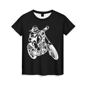 Женская футболка 3D с принтом Байкер в Екатеринбурге, 100% полиэфир ( синтетическое хлопкоподобное полотно) | прямой крой, круглый вырез горловины, длина до линии бедер | biker | black and white | man | motorcycle | motorcyclist | silhouette | stencil | байкер | мотоцикл | мотоциклист | мужчина | силуэт | трафарет | черно белый