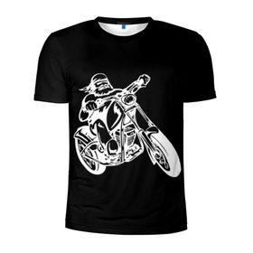 Мужская футболка 3D спортивная с принтом Байкер в Екатеринбурге, 100% полиэстер с улучшенными характеристиками | приталенный силуэт, круглая горловина, широкие плечи, сужается к линии бедра | biker | black and white | man | motorcycle | motorcyclist | silhouette | stencil | байкер | мотоцикл | мотоциклист | мужчина | силуэт | трафарет | черно белый