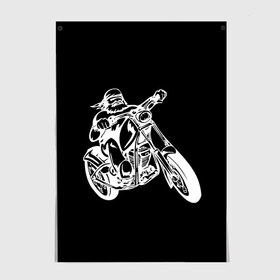Постер с принтом Байкер в Екатеринбурге, 100% бумага
 | бумага, плотность 150 мг. Матовая, но за счет высокого коэффициента гладкости имеет небольшой блеск и дает на свету блики, но в отличии от глянцевой бумаги не покрыта лаком | biker | black and white | man | motorcycle | motorcyclist | silhouette | stencil | байкер | мотоцикл | мотоциклист | мужчина | силуэт | трафарет | черно белый