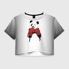 Женская футболка 3D укороченная с принтом Панда боксер в Екатеринбурге, 100% полиэстер | круглая горловина, длина футболки до линии талии, рукава с отворотами | бамбук | бамбуковый медведь | бокс | боксерские | брызги | енот | животное | коала | красивый | красная книга | кунгфу | медведь | милый | мишка | очки | панда | перчатки | пот | прикол | прикольный