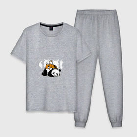 Мужская пижама хлопок с принтом Зверушки спят в лесу в Екатеринбурге, 100% хлопок | брюки и футболка прямого кроя, без карманов, на брюках мягкая резинка на поясе и по низу штанин
 | зайчик | заяц | милота | мишка | панда
