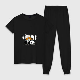 Женская пижама хлопок с принтом Зверушки спят в лесу в Екатеринбурге, 100% хлопок | брюки и футболка прямого кроя, без карманов, на брюках мягкая резинка на поясе и по низу штанин | зайчик | заяц | милота | мишка | панда