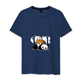 Мужская футболка хлопок с принтом Зверушки спят в лесу в Екатеринбурге, 100% хлопок | прямой крой, круглый вырез горловины, длина до линии бедер, слегка спущенное плечо. | зайчик | заяц | милота | мишка | панда
