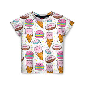Детская футболка 3D с принтом Сладкие котики в Екатеринбурге, 100% гипоаллергенный полиэфир | прямой крой, круглый вырез горловины, длина до линии бедер, чуть спущенное плечо, ткань немного тянется | конфетти | котики | мороженое | пломбир | пончики | рожок
