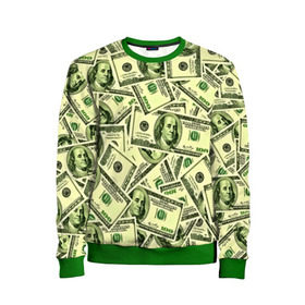Детский свитшот 3D с принтом Benjamin Franklin в Екатеринбурге, 100% полиэстер | свободная посадка, прямой крой, мягкая тканевая резинка на рукавах и понизу свитшота | 3d | benjamin franklin | америка | богатство | валюта | денежные купюры | деньги | доллар | зеленые | сша | текстуры