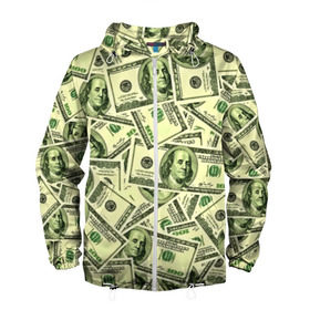 Мужская ветровка 3D с принтом Benjamin Franklin в Екатеринбурге, 100% полиэстер | подол и капюшон оформлены резинкой с фиксаторами, два кармана без застежек по бокам, один потайной карман на груди | 3d | benjamin franklin | америка | богатство | валюта | денежные купюры | деньги | доллар | зеленые | сша | текстуры