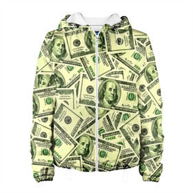 Женская куртка 3D с принтом Benjamin Franklin в Екатеринбурге, ткань верха — 100% полиэстер, подклад — флис | прямой крой, подол и капюшон оформлены резинкой с фиксаторами, два кармана без застежек по бокам, один большой потайной карман на груди. Карман на груди застегивается на липучку | 3d | benjamin franklin | америка | богатство | валюта | денежные купюры | деньги | доллар | зеленые | сша | текстуры