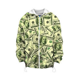 Детская куртка 3D с принтом Benjamin Franklin в Екатеринбурге, 100% полиэстер | застежка — молния, подол и капюшон оформлены резинкой с фиксаторами, по бокам — два кармана без застежек, один потайной карман на груди, плотность верхнего слоя — 90 г/м2; плотность флисового подклада — 260 г/м2 | 3d | benjamin franklin | америка | богатство | валюта | денежные купюры | деньги | доллар | зеленые | сша | текстуры