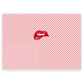 Поздравительная открытка с принтом Губы Горох в Екатеринбурге, 100% бумага | плотность бумаги 280 г/м2, матовая, на обратной стороне линовка и место для марки
 | swag | блики | девушка | женщина | зубы | королева | красная помада | красный горошек | лицо | поцелуй | прикус | принт | улыбка | целовать