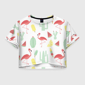 Женская футболка 3D укороченная с принтом Flamingo print в Екатеринбурге, 100% полиэстер | круглая горловина, длина футболки до линии талии, рукава с отворотами | animals | beautiful | blue | color | cute | nature | sea | water | wild | белое | вода | голубое | животные | красивое | красота | милое | море | морское | природа | птица | птицы | птичка | птички | синее | цвет | чёрное | яркое
