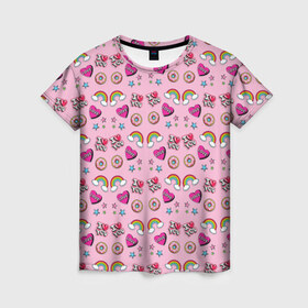 Женская футболка 3D с принтом Стикеры для Нее в Екатеринбурге, 100% полиэфир ( синтетическое хлопкоподобное полотно) | прямой крой, круглый вырез горловины, длина до линии бедер | звезды | пончик | радуга | розовый | сердечко | я тебя люблю