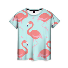 Женская футболка 3D с принтом Flamingos pattern в Екатеринбурге, 100% полиэфир ( синтетическое хлопкоподобное полотно) | прямой крой, круглый вырез горловины, длина до линии бедер | animals | beautiful | bird | birds | birdy | blue | color | flamingo | nature | wild | белое | голубое | животные | красивое | красота | милое | природа | птица | птицы | птичка | птички | синее | фламинго | цвет | яркое