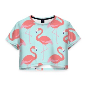 Женская футболка 3D укороченная с принтом Flamingos pattern в Екатеринбурге, 100% полиэстер | круглая горловина, длина футболки до линии талии, рукава с отворотами | animals | beautiful | bird | birds | birdy | blue | color | flamingo | nature | wild | белое | голубое | животные | красивое | красота | милое | природа | птица | птицы | птичка | птички | синее | фламинго | цвет | яркое