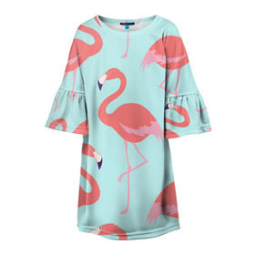 Детское платье 3D с принтом Flamingos pattern в Екатеринбурге, 100% полиэстер | прямой силуэт, чуть расширенный к низу. Круглая горловина, на рукавах — воланы | animals | beautiful | bird | birds | birdy | blue | color | flamingo | nature | wild | белое | голубое | животные | красивое | красота | милое | природа | птица | птицы | птичка | птички | синее | фламинго | цвет | яркое