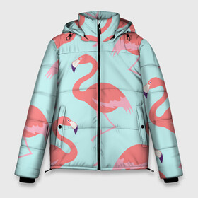 Мужская зимняя куртка 3D с принтом Flamingos pattern в Екатеринбурге, верх — 100% полиэстер; подкладка — 100% полиэстер; утеплитель — 100% полиэстер | длина ниже бедра, свободный силуэт Оверсайз. Есть воротник-стойка, отстегивающийся капюшон и ветрозащитная планка. 

Боковые карманы с листочкой на кнопках и внутренний карман на молнии. | animals | beautiful | bird | birds | birdy | blue | color | flamingo | nature | wild | белое | голубое | животные | красивое | красота | милое | природа | птица | птицы | птичка | птички | синее | фламинго | цвет | яркое