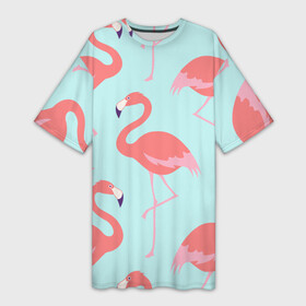 Платье-футболка 3D с принтом Flamingos pattern в Екатеринбурге,  |  | Тематика изображения на принте: animals | beautiful | bird | birds | birdy | blue | color | flamingo | nature | wild | белое | голубое | животные | красивое | красота | милое | природа | птица | птицы | птичка | птички | синее | фламинго | цвет | яркое