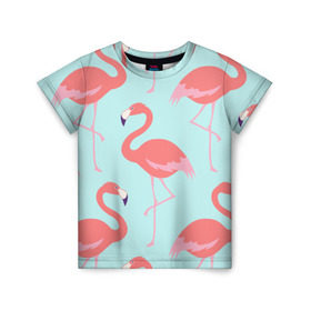 Детская футболка 3D с принтом Flamingos pattern в Екатеринбурге, 100% гипоаллергенный полиэфир | прямой крой, круглый вырез горловины, длина до линии бедер, чуть спущенное плечо, ткань немного тянется | Тематика изображения на принте: animals | beautiful | bird | birds | birdy | blue | color | flamingo | nature | wild | белое | голубое | животные | красивое | красота | милое | природа | птица | птицы | птичка | птички | синее | фламинго | цвет | яркое