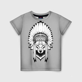 Детская футболка 3D с принтом Indian wolf в Екатеринбурге, 100% гипоаллергенный полиэфир | прямой крой, круглый вырез горловины, длина до линии бедер, чуть спущенное плечо, ткань немного тянется | indian | wolf | волк | голова животного | индеец | перья