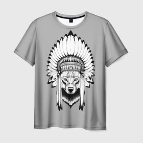 Мужская футболка 3D с принтом Indian wolf в Екатеринбурге, 100% полиэфир | прямой крой, круглый вырез горловины, длина до линии бедер | indian | wolf | волк | голова животного | индеец | перья