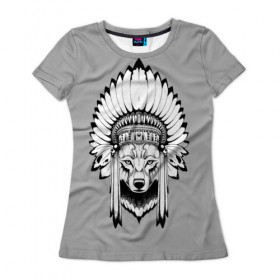Женская футболка 3D с принтом Indian wolf в Екатеринбурге, 100% полиэфир ( синтетическое хлопкоподобное полотно) | прямой крой, круглый вырез горловины, длина до линии бедер | Тематика изображения на принте: indian | wolf | волк | голова животного | индеец | перья