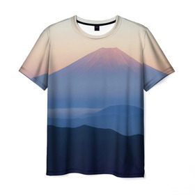 Мужская футболка 3D с принтом Фудзияма в Екатеринбурге, 100% полиэфир | прямой крой, круглый вырез горловины, длина до линии бедер | Тематика изображения на принте: fuji | вулкан | горы | рассвет | солнце | туман | утро | япония
