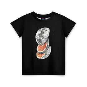 Детская футболка 3D с принтом Луна дольками в Екатеринбурге, 100% гипоаллергенный полиэфир | прямой крой, круглый вырез горловины, длина до линии бедер, чуть спущенное плечо, ткань немного тянется | Тематика изображения на принте: апельсин | грейпфрут | ломтики | цитрус
