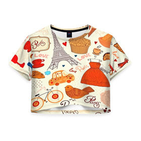 Женская футболка 3D укороченная с принтом Paris pattern в Екатеринбурге, 100% полиэстер | круглая горловина, длина футболки до линии талии, рукава с отворотами | 3d | love | арт | еда | любовь | надписи | париж | паттерн | птицы | сердечки | текстура