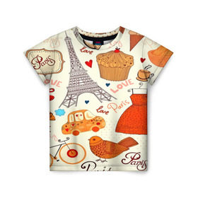 Детская футболка 3D с принтом Paris pattern в Екатеринбурге, 100% гипоаллергенный полиэфир | прямой крой, круглый вырез горловины, длина до линии бедер, чуть спущенное плечо, ткань немного тянется | 3d | love | арт | еда | любовь | надписи | париж | паттерн | птицы | сердечки | текстура