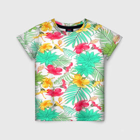 Детская футболка 3D с принтом Tropical pattern в Екатеринбурге, 100% гипоаллергенный полиэфир | прямой крой, круглый вырез горловины, длина до линии бедер, чуть спущенное плечо, ткань немного тянется | 3d | арт | лето | пальмы | текстура | тропический | узор | цветы