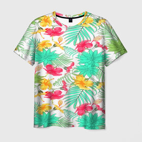 Мужская футболка 3D с принтом Tropical pattern в Екатеринбурге, 100% полиэфир | прямой крой, круглый вырез горловины, длина до линии бедер | 3d | арт | лето | пальмы | текстура | тропический | узор | цветы
