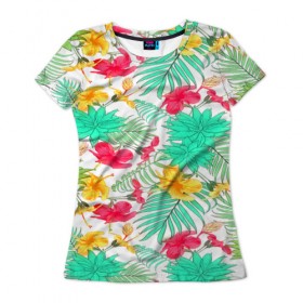 Женская футболка 3D с принтом Tropical pattern в Екатеринбурге, 100% полиэфир ( синтетическое хлопкоподобное полотно) | прямой крой, круглый вырез горловины, длина до линии бедер | 3d | арт | лето | пальмы | текстура | тропический | узор | цветы