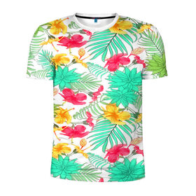 Мужская футболка 3D спортивная с принтом Tropical pattern в Екатеринбурге, 100% полиэстер с улучшенными характеристиками | приталенный силуэт, круглая горловина, широкие плечи, сужается к линии бедра | 3d | арт | лето | пальмы | текстура | тропический | узор | цветы