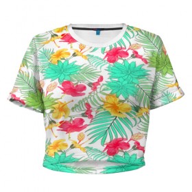 Женская футболка 3D укороченная с принтом Tropical pattern в Екатеринбурге, 100% полиэстер | круглая горловина, длина футболки до линии талии, рукава с отворотами | 3d | арт | лето | пальмы | текстура | тропический | узор | цветы