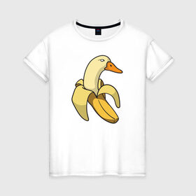 Женская футболка хлопок с принтом утка банан в Екатеринбурге, 100% хлопок | прямой крой, круглый вырез горловины, длина до линии бедер, слегка спущенное плечо | Тематика изображения на принте: banana | duck | meme | банан | мем | утка
