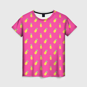 Женская футболка 3D с принтом Ананасы в Екатеринбурге, 100% полиэфир ( синтетическое хлопкоподобное полотно) | прямой крой, круглый вырез горловины, длина до линии бедер | акварель | ананас | арт | лето | орнамент | паттерн | розовый | тропики | узор | фрукт | фрукты