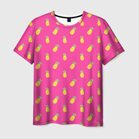 Мужская футболка 3D с принтом Ананасы в Екатеринбурге, 100% полиэфир | прямой крой, круглый вырез горловины, длина до линии бедер | акварель | ананас | арт | лето | орнамент | паттерн | розовый | тропики | узор | фрукт | фрукты