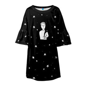 Детское платье 3D с принтом Чай Космос в Екатеринбурге, 100% полиэстер | прямой силуэт, чуть расширенный к низу. Круглая горловина, на рукавах — воланы | Тематика изображения на принте: звезды | корабль | космонавт | кофе | мужчина | небо | ночь | парень | черно белый | эмоции
